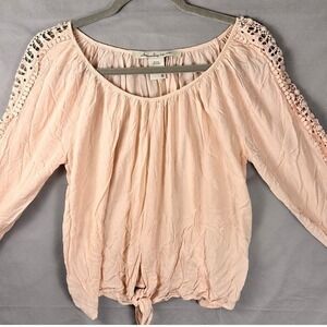 American Rag Cie Peach Crochet Sleeve Tie Front Long Sleeve Blouse Women's Small